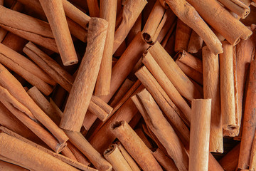 Many aromatic cinnamon sticks as background