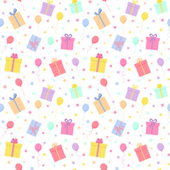 Seamless pattern. Isolated gifts with stars and balloons. Vector illustration