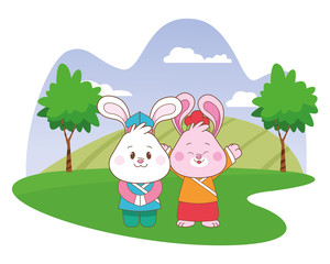 Fototapeta premium Rabbits in mid autumn festival cartoons
