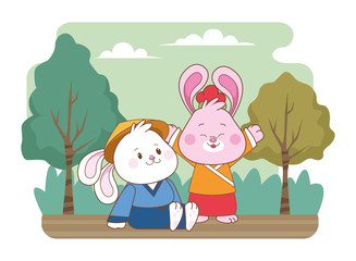 Fototapeta premium Rabbits in mid autumn festival cartoons