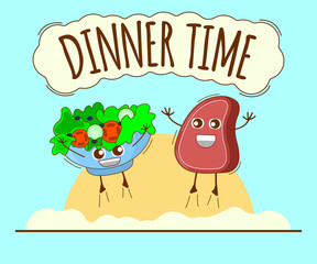 Dinner Time Banner, Meat and Green Bowl Icon. Cute Character, Concept Label. Cartoon Vector Illustration