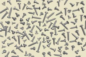 3d rendering of various tapping screws from top view with a light yellow background