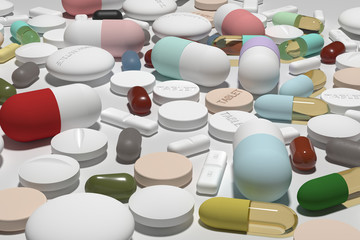 3d rendering of various tablets and pills from perspective view with a light grey background