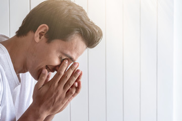 Still can't believe it...Young guy looking happy. Human emotions and facial expressions. Copy space on the right side