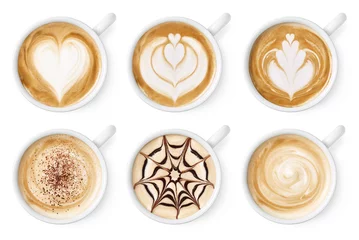 Fototapete Kaffee Set aus Kaffee Latte oder Cappuccino Schaumkunst