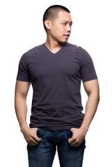 Grey on asian model for v-neck tshirt blank mockup template in your clothing design.