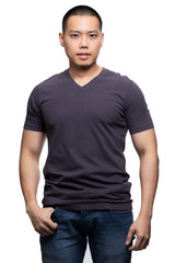 Grey on asian model for v-neck tshirt blank mockup template in your clothing design.