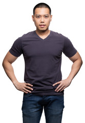 Fototapeta premium Grey on asian model for v-neck tshirt blank mockup template in your clothing design.
