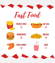 Vector fastfood menu template. Takeaway restaurant