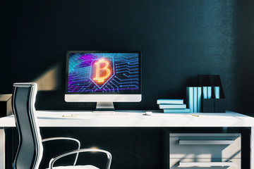 Desktop interior with computer, table and chair. blockchain theme drawing on screen. 3d rendering