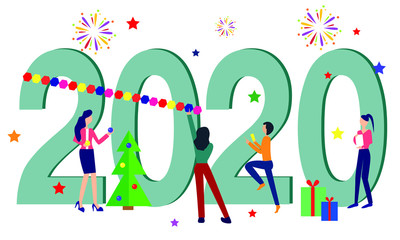 People are preparing for the new year, are engaged in decoration and decoration, the inscription New Year 2020, vector illustration