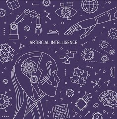 Square banner template with robot head, robotic arm, automatic manipulator, innovative technology devices. Artificial intelligence and machine learning. Monochrome vector illustration in linear style.