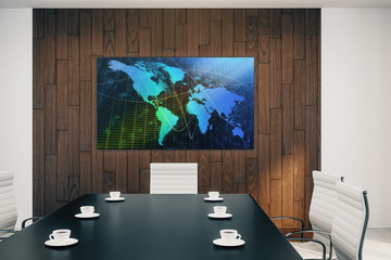 Conference room interior with world map on screen monitor on the wall. International market concept. 3d rendering.