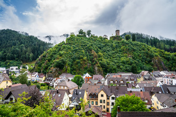 Germany, World famous ancient castle tower ruins of little black forest village hornberg on a...