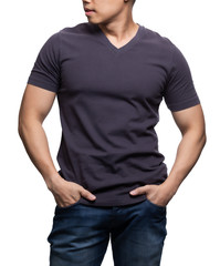Grey on asian model for v-neck tshirt blank mockup template in your clothing design.