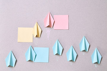 Business organization hierarchy and structure: Paper planes and stickers for inscriptions. Layout.