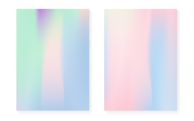 Holographic cover set with hologram gradient background. 90s, 80s retro style. Iridescent graphic template for flyer, poster, banner, mobile app. Multicolor minimal holographic cover.