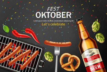 October fest poster Vector realistic. Beer, pretzel, grill sausage food. 3d illustrations