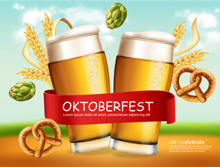 Beer mugs banner October fest Vector realistic. Fresh sparkling beer with pretzel. 3d detailed illustration templates
