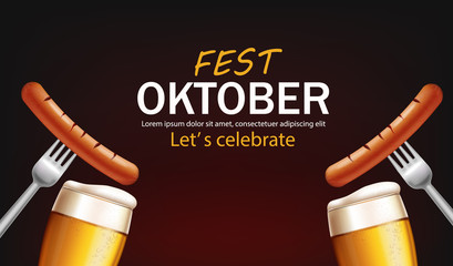 October fest poster with beer glasses and sausage Vector realistic. grill food 3d illustrations