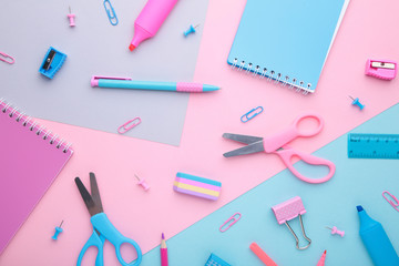 School accessories on colorful background. Back to school concept, minimalism.