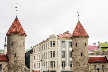 Twin towers of Viru Gate in the old town of Tallinn, Estonia