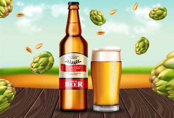 Beer bottle and mug Vector realistic mock up. Fresh drink product placement. Label design. 3d illustrations