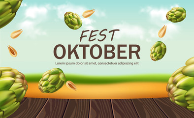October fest poster with hops Vector realistic. Falling green fresh hops nature background. 3d illustrations