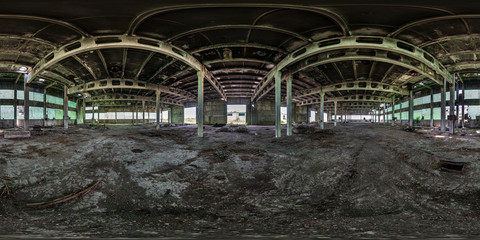 full seamless spherical hdri panorama 360 degrees angle view inside abandoned ruined factory hangar in equirectangular projection, VR AR virtual reality content. Building of agricultural elevator