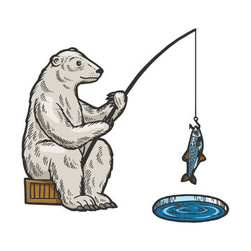 Polar Bear fishing with fishing rod in hole in ice color sketch engraving vector illustration. Scratch board style imitation. Hand drawn image.