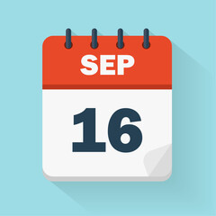 September 16th. Daily calendar icon in vector format.  Date, time, day, month. Holidays
