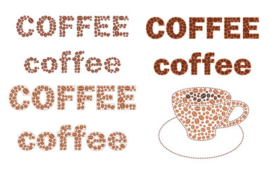 Fototapeta na wymiar set of words coffee with brown grains and cup - vector