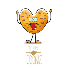 vector funny hand drawn homemade chocolate chip heart shape cookie character isolated on white background. My name is cookie concept illustration. funky food character or bakery label mascot