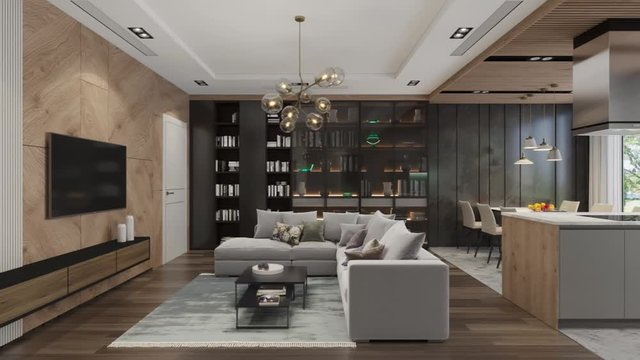 3d render. Camera span across a modern open living space with kitchen.