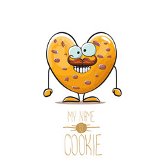vector funny hand drawn homemade chocolate chip heart shape cookie character isolated on white background. My name is cookie concept illustration. funky food character or bakery label mascot