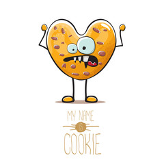 vector funny hand drawn homemade chocolate chip heart shape cookie character isolated on white background. My name is cookie concept illustration. funky food character or bakery label mascot