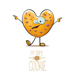 vector funny hand drawn homemade chocolate chip heart shape cookie character isolated on white background. My name is cookie concept illustration. funky food character or bakery label mascot