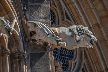 Old roof figures of scary gargoyles at main facade of cathedral in Magdeburg, Germany, closeup,...