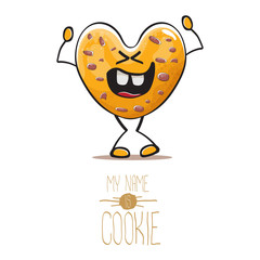 vector funny hand drawn homemade chocolate chip heart shape cookie character isolated on white background. My name is cookie concept illustration. funky food character or bakery label mascot