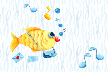 Singing cartoon goldfish postman with bag and envelopes. Watercolor illustration with a childish character for the design of print, postcard, banner, cover, invitation, greetings, wall, scrapbooking