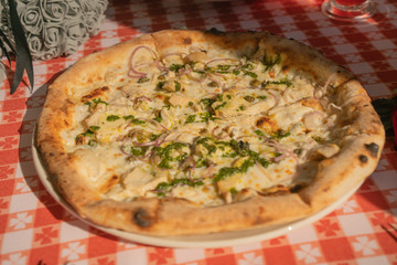 Fresh sunny pizza with cheese and spinage on the table at home