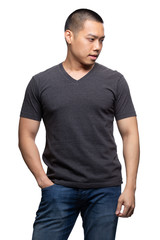 Fototapeta premium Dark grey on asian model for v-neck tshirt blank mockup template