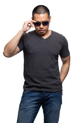 Naklejka premium Dark grey on asian model for v-neck tshirt blank mockup template