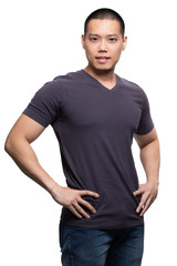 Obraz premium Grey on asian model for v-neck tshirt blank mockup template in your clothing design.
