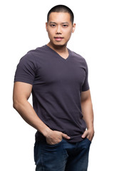 Fototapeta premium Grey on asian model for v-neck tshirt blank mockup template in your clothing design.