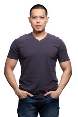 Grey on asian model for v-neck tshirt blank mockup template in your clothing design.