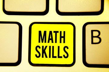 Handwriting text Math Skills. Concept meaning starting to learn how to count numbers add divide use equation Keyboard yellow key Intention create computer computing reflection document
