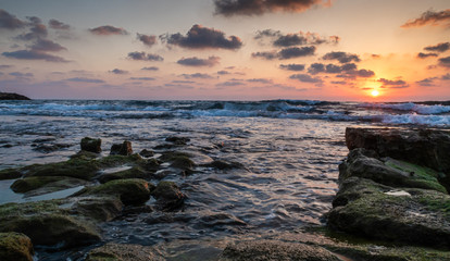 Summer  day sunset on the Mediterranean coast in Nahariyya city in Israel