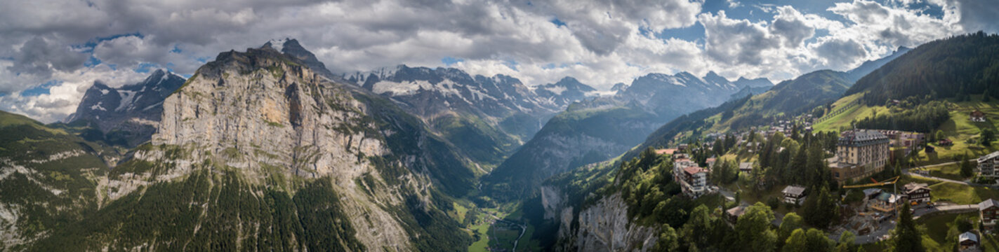 Panorama of Lauterbrunnen valley in the Bernese Alps, Switzerland.- view of Gimmelwald