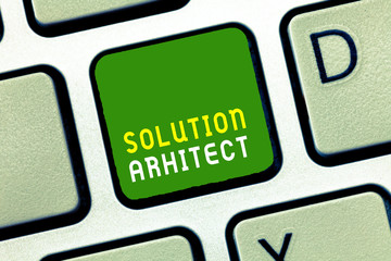 Writing note showing Solution Arhitect. Business photo showcasing Design applications or services within an organization.